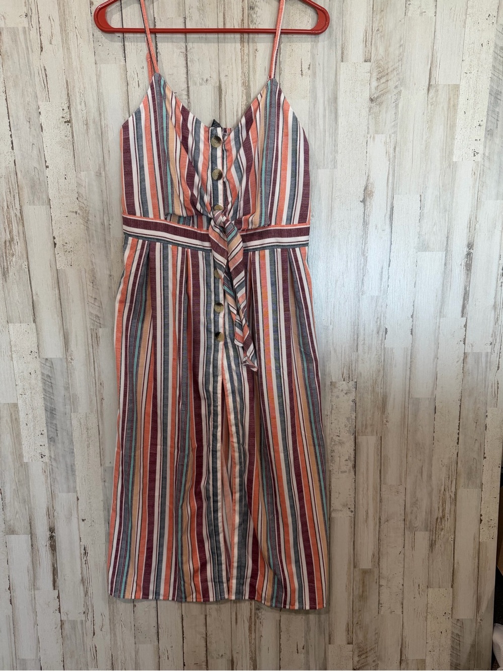 Striped Midi Sundress with Front Buttons and Waist Tie - Multi-Color